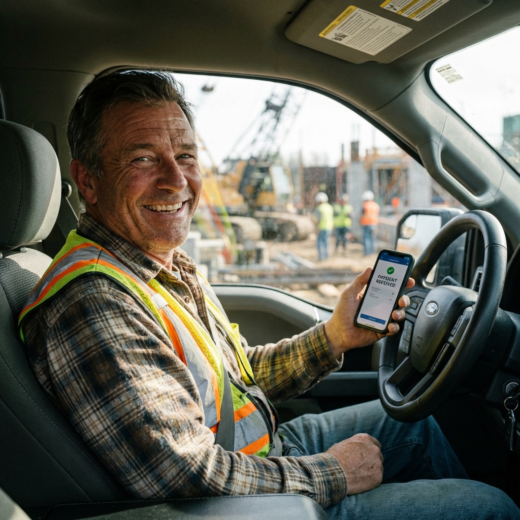 Happy contractor using RENIVEL in his truck